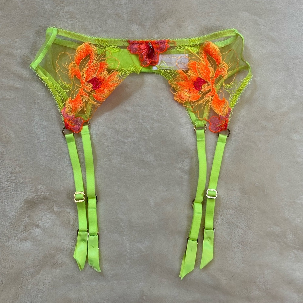 Honey Birdette Christine Yellow Floral Lace Garter Belt in Neon Green and Orange